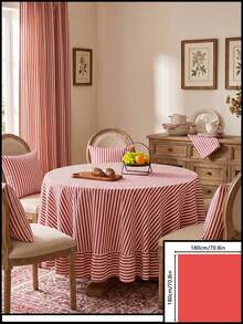 1pc Striped Ruffle Edge Small Round Tablecloth, American Vintage Kitchen Decor With Ruffle Edge, Round Living Room Decorative Cloth, Valentine's Day Tablecloth - Red - View 13