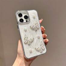 3D Pearl & Rhinestone Butterfly, Shell Texture Phone Case, Shiny Rhinestone Camera Frame, Transparent Shockproof Protective Cover For IPhone 17/16/15/14 Pro Max/13/12/11 Series, Fashionable Elegant Cute Gift For Girls - Clear - View 5