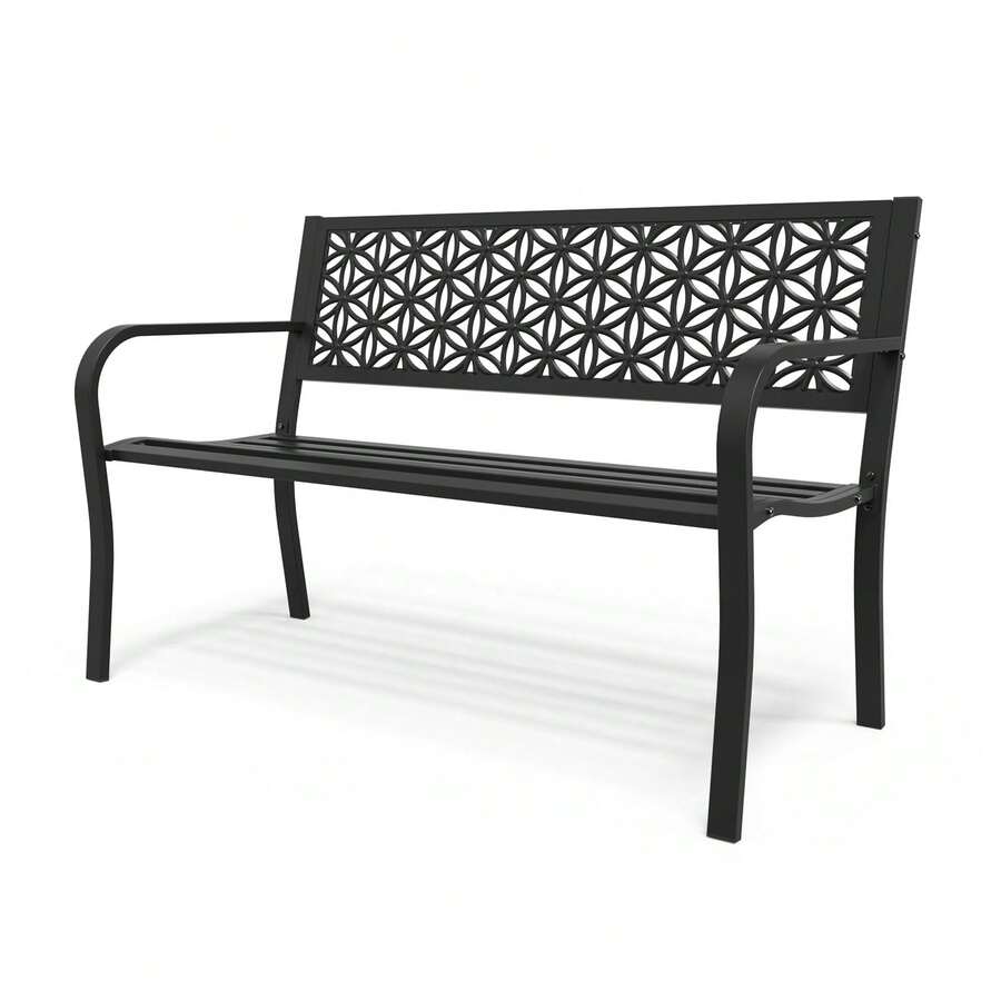 Garden Bench For 2-3 Seaters, Outdoor Patio Bench With Floral Back, Rust Resistant Sturdy Construction Garden Seat - Black - View 1
