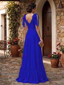 Women's V-Neck Backless Long Dress - Blue - View 3
