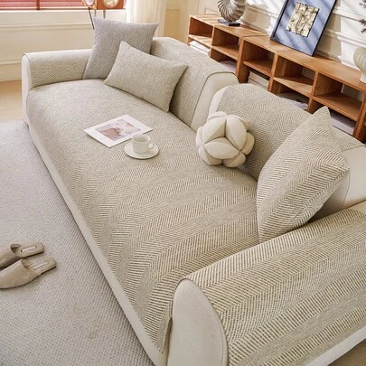 1pc Minimalist Solid Color Sofa Cover, Linen-Like Breathable Fabric, Anti-Slip Bottom Design To Prevent Shifting, Machine Washable Sofa Protector, Suitable For 1/2/3/4/5 Seater Sofas, Combination Sofas, Office Chairs And Window Seats, Suitable For Pets And Households