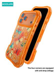 Koolife 1 buah Casing Ponsel Anti Jatuh 3-in-1 dengan Bingkai Oranye dan Motif Kupu-kupu Warna-warni, Pelindung Tahan Guncangan TPU+PC, Perlindungan 3 Lapisan yang Diperkuat, Desain Bunga Cerah untuk Anak Perempuan, Kompatibel dengan Apple 17/17pro/17promax - Jeruk - View 6