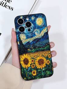 1 pieza Funda protectora de teléfono de TPU con textura mate negra con patrón de pintura de girasol y cielo nocturno, compatible con iPhone 15/15 Pro/15 Plus/15 Pro Max, 16/16 Pro/16 Plus/16 Pro Max, Galaxy S23 Ultra/A14/A24, teléfonos Android como Note 12 Pro - Multicolor - Ver 4