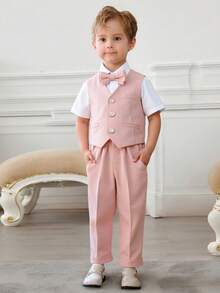 3pcs Young Boys Suit Set - Vest + Pants + Matching Bow Tie, Formal Occasion Outfit, Pageant Ceremony Performance Gentleman Attire - Pink - View 4