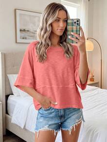 Women's Casual Asymmetrical Neck Drop Shoulder Half Sleeve T-Shirt With Exposed Seam Details, Regular Length Loose Fit Top - 粉色 - 查看 6