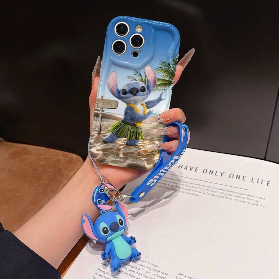 Disney Has Authorized, Phone Case - Chain Set, The Stitch Lilo & Stitch Phone Case Plus A Silicone 3D Or Fluffy Style Stitch Bracelet With Metallic Ring Removable Bracelet, Stitch And Angel Pattern, Compatible With Iphone 17/16/15/14/13/12/11/XS/XR/X Plus Pro Max, Wavy Design Phone Case For Girl, A Stylish Cartoon Summer Phone Case, The Perfect Gift Choice, Phone Protection, Durable Phone Cover, Great Gift For Friends And Family - 白色款式A - 查看 1
