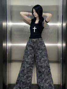 Quần jeans ống rộng cạp cao in họa tiết rằn ri, kiểu dáng rộng rãi thoải mái, phong cách đường phố. - Xám - Xem 5