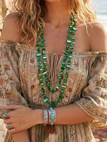 1 pièce Collier long à double couche de style bohème rétro pour femmes, avec perles de coquillage colorées. Collier de luxe vintage, idéal pour les vacances, les plages, les voyages, la décoration quotidienne, les tenues, les sorties, les fêtes, les cadeaux. Les couleurs et les formes des pierres précieuses et des perles sont aléatoires. - Vert pur - Voir 2