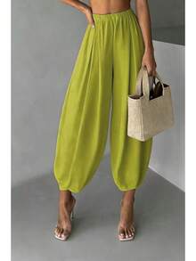 Women Harem Pants Elastic High Waist Loose Casual Wide Leg Tapered Ankle Pants Lightweight Lounge Pants - Matcha xanh - Xem 1