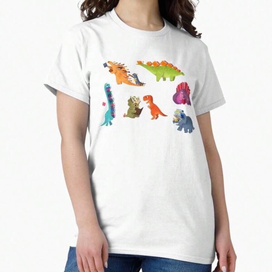 Women's Summer Casual Sporty Loose Fit-Shirt,BOOK DINOSAURS,Quick Dry Soft Cotton Blend Top, Great Outdoor & Daily Casual Wear - 白色 - 查看 1
