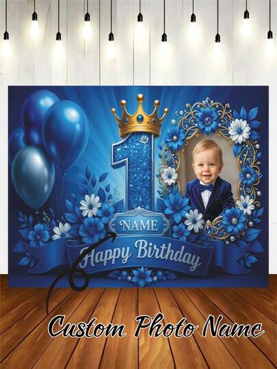 Customizable Name Photo 1st Birthday Backdrop With Pink And Blue Balloons, Flowers, Gold Glitter, Crown, Hearts, Bows, And Ribbons-Perfect For 1st Birthday Parties, Baby Showers, Birthday Gifts, And More. Cake Table Backdrop, Photo Banner, Vinyl