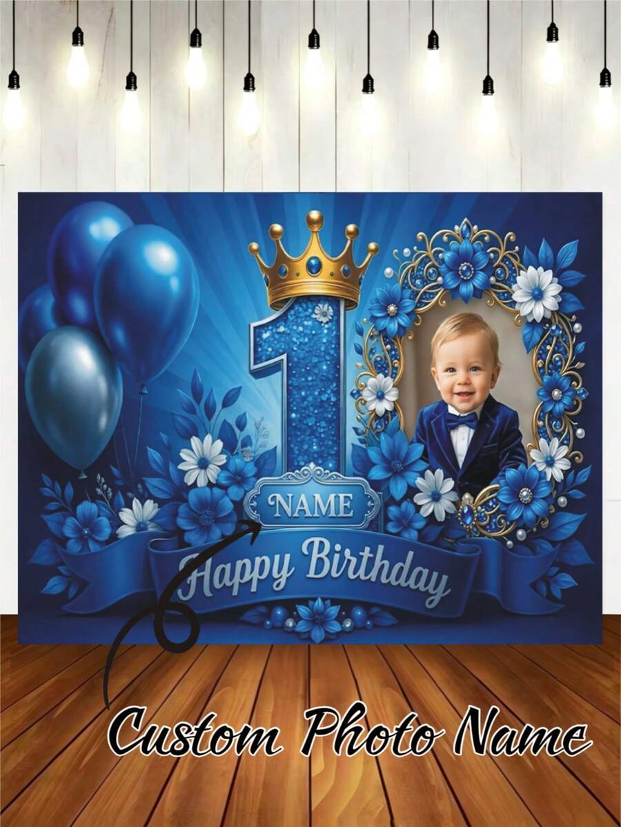 Customizable Name Photo 1st Birthday Backdrop With Pink And Blue Balloons, Flowers, Gold Glitter, Crown, Hearts, Bows, And Ribbons, 1st Birthday Parties, Baby Showers, Birthday Gifts, Cake Table Backdrop, Photo Banner, Vinyl, Celebration Decor - Multicolor - View 1
