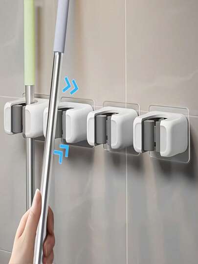 1/2/3pcs Gray & White Mop Clip, Adhesive Bathroom Multipurpose Wall Broom Hanger, Detachable Hook, No Drilling Needed For Bathroom & Toilet Storage, Portable, Space-Saving, Suitable For Home, Kitchen, Bathroom - White Plastic