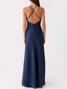 Women's Satin V Neck Bodycon Cami Dress Sleeveless Backless Cocktail Party Wedding Guest Long Maxi Dresses - 藏蓝色 - 查看 5
