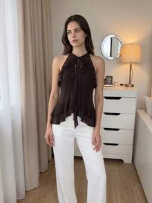 Damen Einfarbiges Rüschen-Kragen Mehrschichtiges Sommer-Trägershirt - Kaffeebraun - Übersicht 5