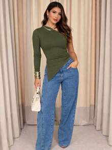 Elegant Women's One-Shoulder Blouse With Asymmetrical Hem – Sophistication In Timeless Ribbed Fabric - xanh quân đội - Xem 1