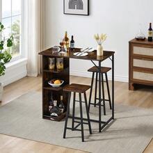 Hodeffior 3 Piece Bar Table Set With 3 Tier Storage Shelves, Space Saving Dining Table And 2 Stools, Kitchen Breakfast Bar Set With Metal Frame For Small Apartment, Dining Room Or Living Room - Brown - View 6