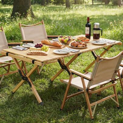 COSTWAY 48 Inch Folding Camping Table Portable Roll-Up Pine Wood Picnic Table With Carry Bag