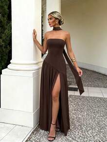Women's High Slit Chiffon Ribbon Hem Dress, Sexy Resort Beach Wedding Banquet Party Elegant Summer - Brown - View 1
