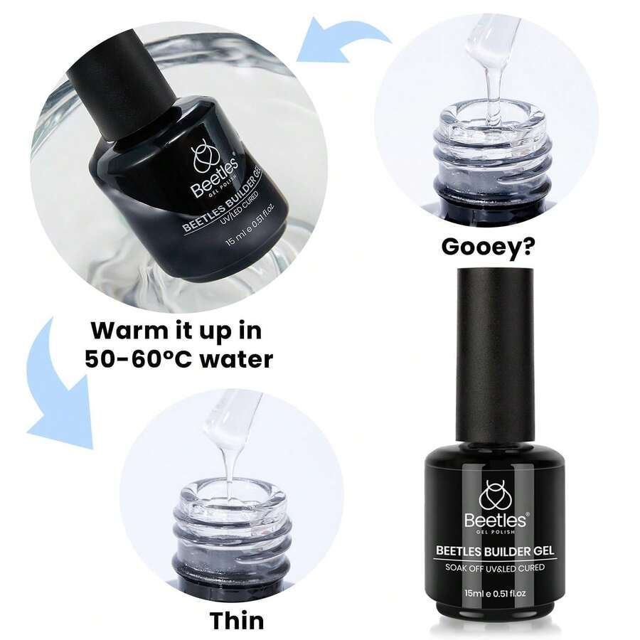 15ML Low Heat Builder Gel Beetles, Clear Solid Gel For Apex Building Nail Extension & Strengthener, Comes With Detachable Liner Nail Brush, Beginner Friendly DIY Home Salon Manicure, UV LED Lamp Required - Low Heat Clear - 查看 1