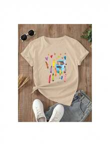 Plus Size Cotton Summer T-Shirt For Women. Unisex Size. YOCASA Women's Casual Summer T-Shirt With A Round Neck, Fitted Short Sleeves, And An Oil Painting Print Featuring Flowers, Hearts, Cherries, And Lettering. Simple And Casual Fabric, Sporty Style, Ideal For Everyday Wear And Valentine's Day Dates. 1 Pc, Pure Heavy, 95% Polyester 5% Spandex. Sweat-Wicking Material, Soft And Skin-Friendly. - 杏色 - 查看 3