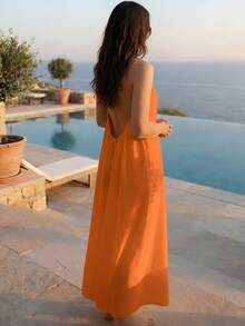萬聖節禮物女款夏季橘色洋裝 女士睡衣 女士內衣吊帶背心 性感露背繫帶 寬鬆優雅 度假長洋裝 舒適雙口袋睡衣 女士居家休閒服 睡袍洋裝 女款洋裝 夏季女裝 海灘 - 橘色 - 查看 7