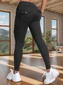 Summer Workout Women's Solid Black Pocket Skinny Outdoor Sports Pants Spring - Black - View 2