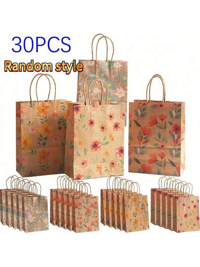 30pcs Floral Pattern Kraft Paper Bags, Holiday Party Supplies, Decorative Gift Bags For Wedding Favors, Birthday Gifts, Graduation Ceremony, Housewarming Celebration, Durable Printed Shopping Bags For Valentine's Day, Thanksgiving, Christmas Party, Minimalist Retro Kraft Paper Packaging Bags For Events, Back To School, Graduation Season