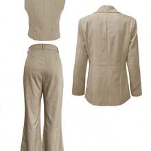 Autumn/Winter Women's Solid Color Casual Elegant Long-Sleeve Blazer, Slim-Fit Blazer, Short-Sleeve Slim-Fit Single-Breasted Vest Top, Slim-Fit Trousers, Outerwear For Workplace, Professional 3pcs Suit, Trousers Set - Light Brown - 查看 3
