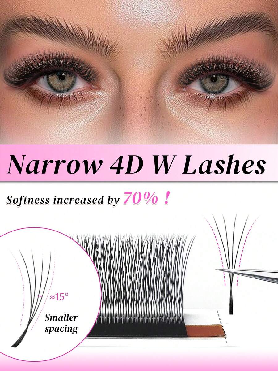 12 Rows D-Shaped Narrow Spacing 4D Lashes, 4D W-Shaped Natural Soft Fanned Out Volumizing Lash Extension - D - 查看 1