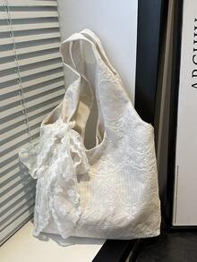 2026 New Korean Style Lace Flower Canvas Tote Bag, Large Capacity Shoulder Bag, Underarm Bag For Commuting, [Lace Flower Pattern Placement Random] - Beige - View 8