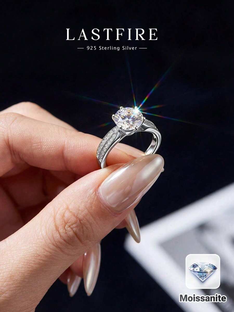 1克拉六爪镶嵌莫桑石订婚/结婚戒指，925纯银奢华新娘珠宝，送给闺蜜的生日周年纪念礼物 - 六爪莫桑戒指-1CT - 查看 1