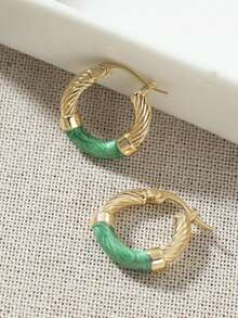Vintage Gold & Green Geometric Bohemian Style Hoop Earrings, Delicate Minimalist Small Hoop Earrings For Women - Gold - View 4