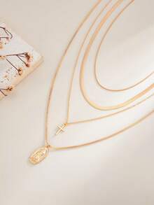 4pcs Vintage Fashionable Multi-Element Metal Cross Pendant Necklace, Layered Charm Necklace Set For Women - Yellow Gold - View 8