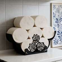 Elegant Leaf Pattern Iron Toilet Paper Holder - Holds 8 Rolls, Suitable For Bathroom And Living Room - Black - View 4