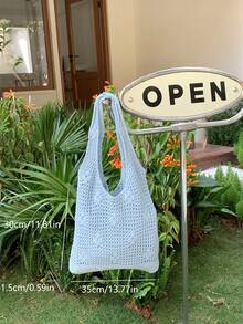 2026 New Loose Knit Woven Tote Bag, Large Capacity Commuter Casual Versatile Hollow Out Shoulder Bag, Summer - Baby Blue - View 2