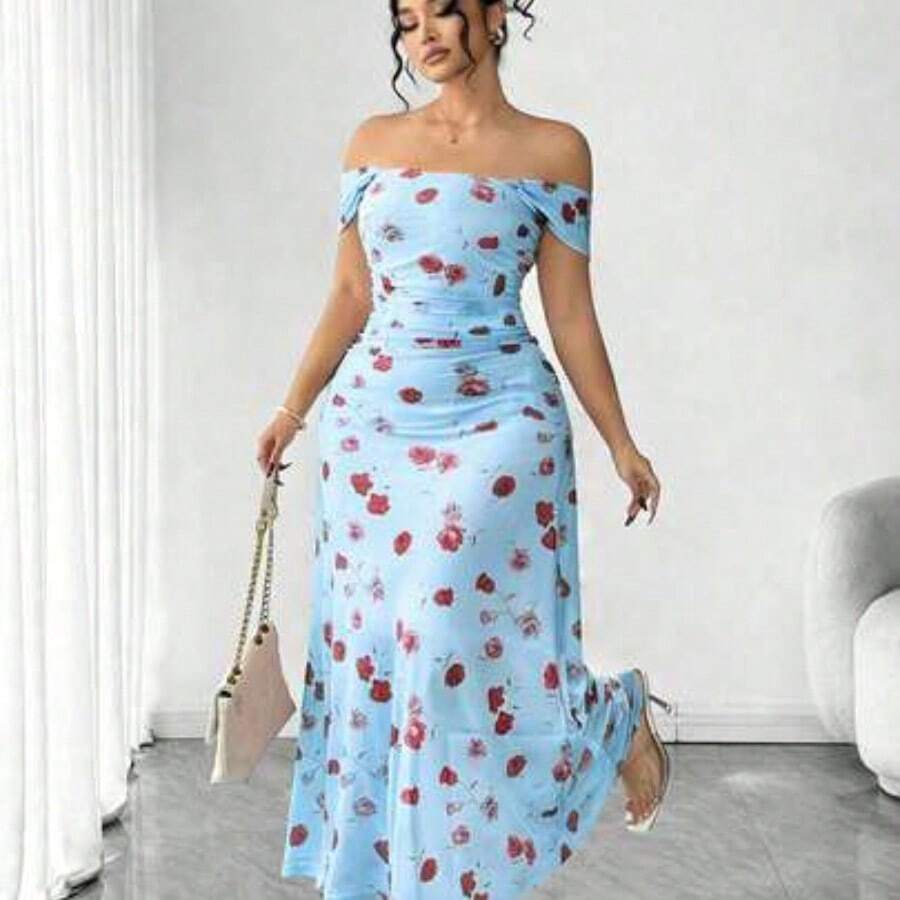 Cravure Plus Size Women's French Romantic Pink Rose Print Off-Shoulder Dress, Plus Size Cinched Waist Pleated Mesh Dress, Gentle Elegant Fitted Slimming Spaghetti Strap Dress 1XL, Suitable For Commute, Date, Vacation, Fairy Dress - Azul - Ver 1