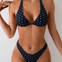 2026 New Polka Dot Black Two-Piece Bikini Triangle Halter Neck Swimsuit For Women - Black - View 2