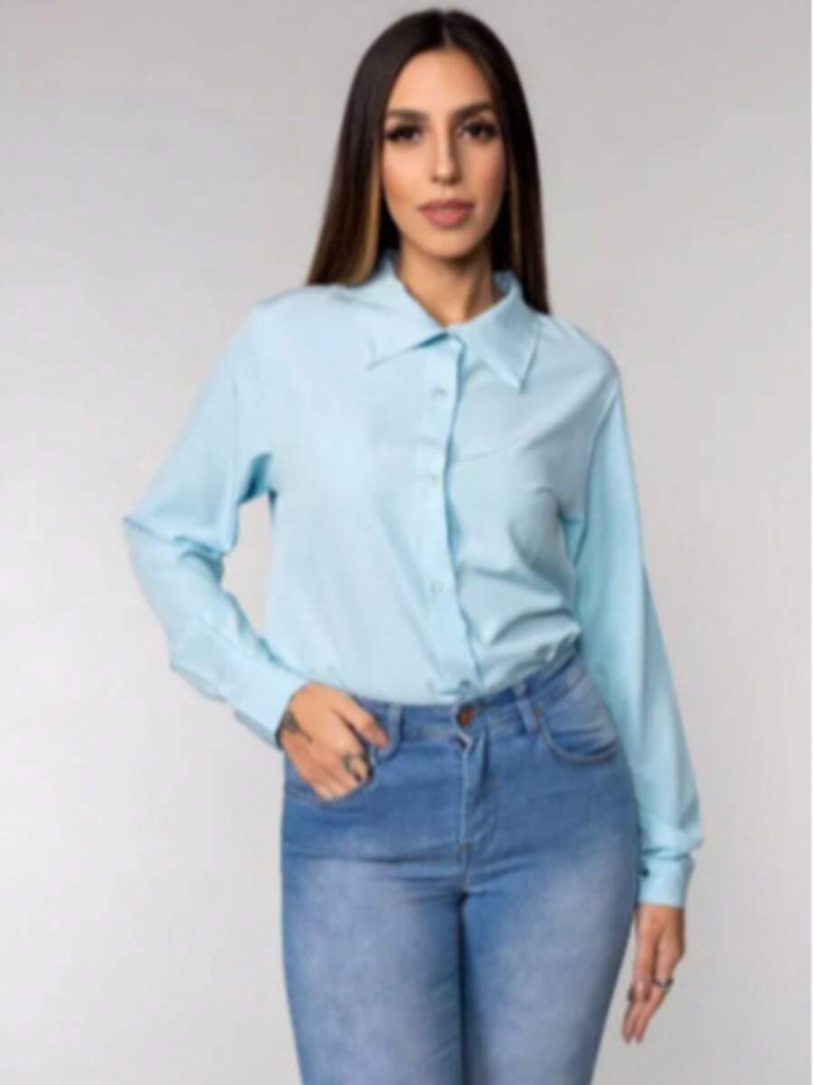 Women's Long-Sleeved Shirt, Tumblr Style – Casual, Comfortable, And Modern Fashion - Baby Blue - View 1