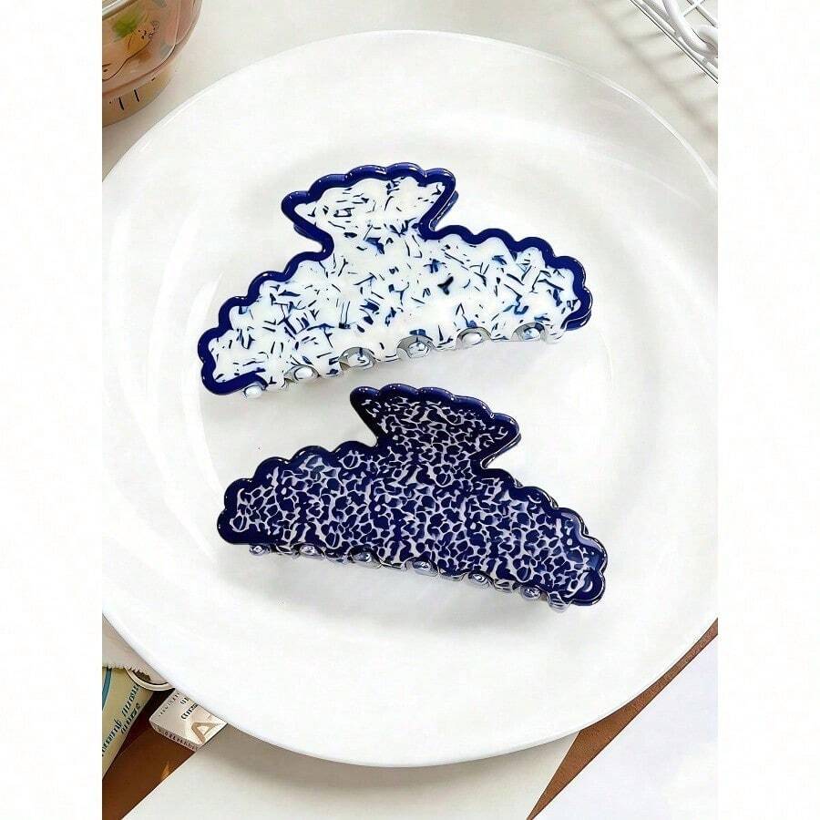 1pc Retro Elegant Acetate Wavy Floral Hair Claw Clip, Porcelain Texture Hair Claw Clip For Bun, Hair Claw Hair Accessory Summer Beach Vacay Hair Clips - 彩色 - 查看 1