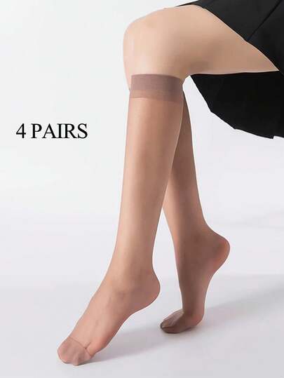 4 Pairs Dark Skin Tone Women's Mid-Calf Socks Sheer Thigh Highs Fashion Versatile Suitable For Daily Use
