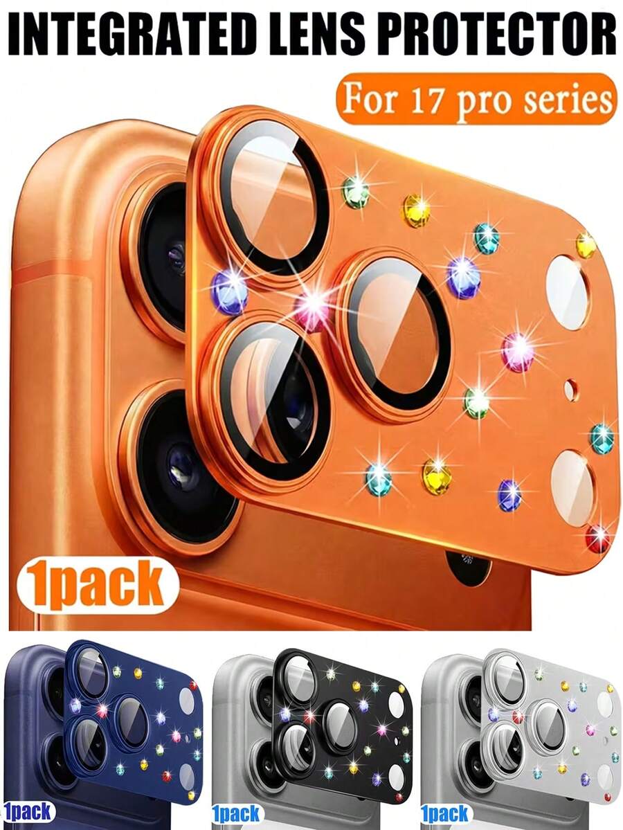 Conjunto de 1 peça - (Lente de imitação de strass) Protetor de lente de strass estilo armadura atualizado, compatível com iPhone 17 Pro Max/17 Pro. Feito de metal, resistente a riscos e ao desgaste, fácil de instalar (disponível em laranja/prata/preto/azul escuro), compatível com capas de telemóvel, sendo um presente ideal para amigos e família.