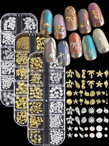 Bộ 12 món trang trí móng tay chủ đề đại dương ánh kim, hình sao biển 3D hỗn hợp, cá ngựa, rùa, vỏ sò, cây dừa, kèm hạt ngọc trai và hạt trứng cá nhỏ, thích hợp cho việc tự làm móng, tiệm nail, làm móng chủ đề bãi biển mùa hè. - Nhiều màu - Xem 1