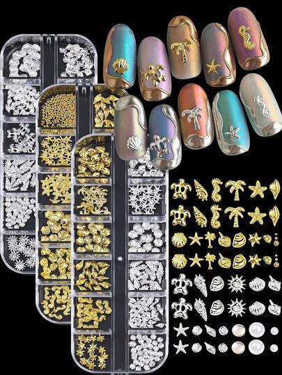 Bộ 12 charm móng tay hợp kim vàng và bạc chủ đề đại dương, hỗn hợp hình sao biển 3D, cá ngựa, rùa, vỏ sò, cây dừa, trang trí móng tay nghệ thuật kèm ngọc trai nhỏ và hạt cườm, đá quý móng tay chủ đề bãi biển mùa hè cho móng tay acrylic tự làm, phụ kiện làm móng cho tiệm nail.