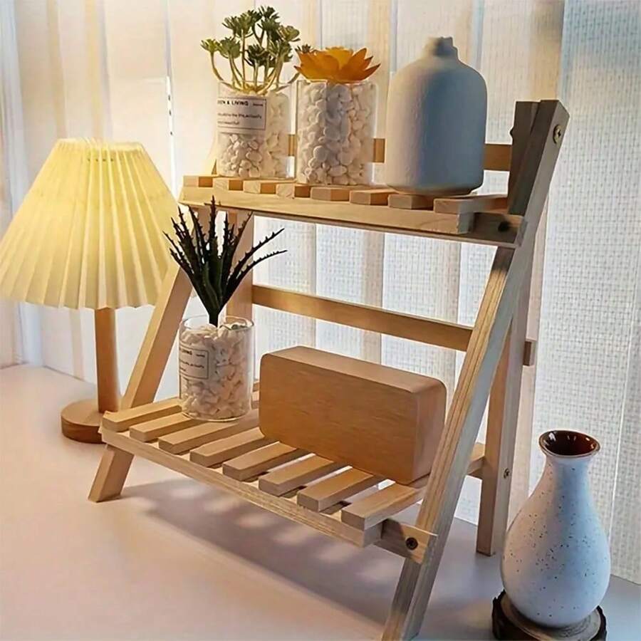 Estante de almacenamiento/exhibición vintage de madera para escritorio, organizador de arte plegable de doble capa, organizador multifuncional de escritorio, organizador de maquillaje, organizador de cocina y servilletero, almacenamiento para baño, artículos esenciales de cocina, diseño trapezoidal que ahorra espacio, fácil de montar, ideal para decoración del hogar, decoración de Pascua, florero de oficina, exhibición de plantas y especias, pulseras, aretes y accesorios de oficina. - A - Ver 1