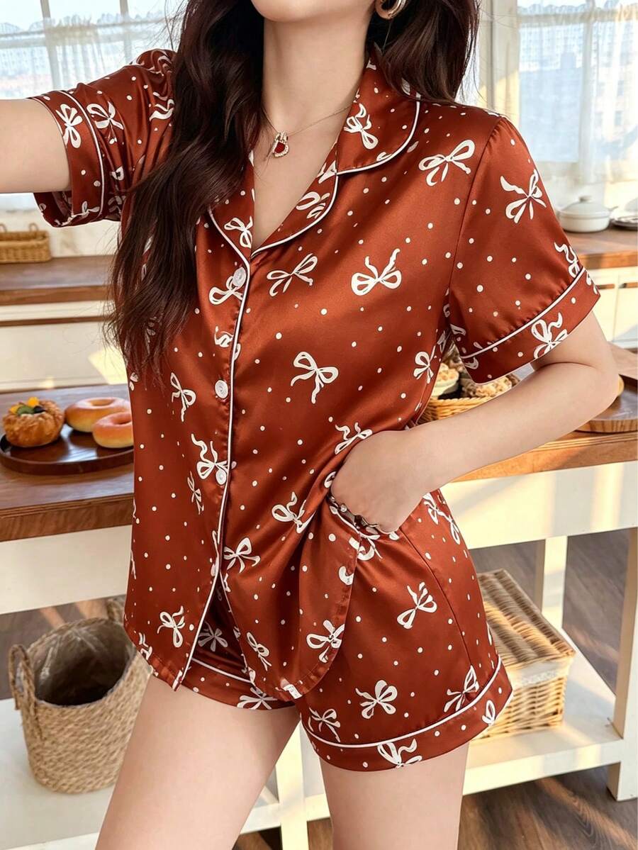2pcs Women Satin Pajama Set, Bow Print Short Sleeve Collared Top With Pocket And Shorts, Suitable For Women Sleepwear & Loungewear All Seasons - Red - View 1
