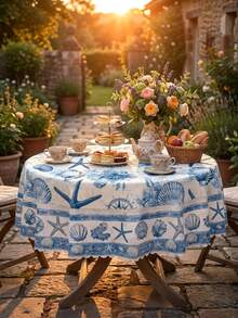 1pc-Vintage Nautical Shell Tablecloth, Waterproof Stain Resistant Polyester Table Cover With Starfish Print, Lace Trim, Ideal For Summer Party, Pool Party, Beach Gathering, Patio Dining And Indoor Outdoor Home Decor - Multicolor - View 8