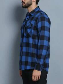 Men's Flannel Plaid Shirt With Pockets, Long Sleeves - Azul y negro - Ver 2