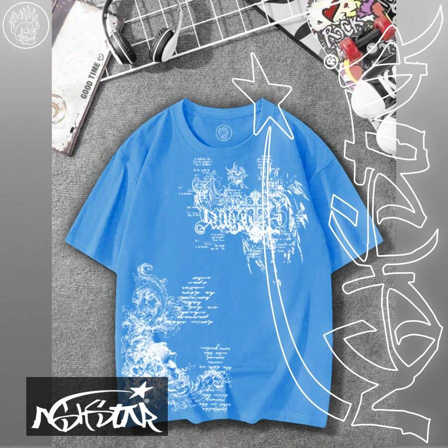 Premium 100% Cotton T-Shirt ASHSTAR "Gothic Y2K" - 藍色 - 查看 1