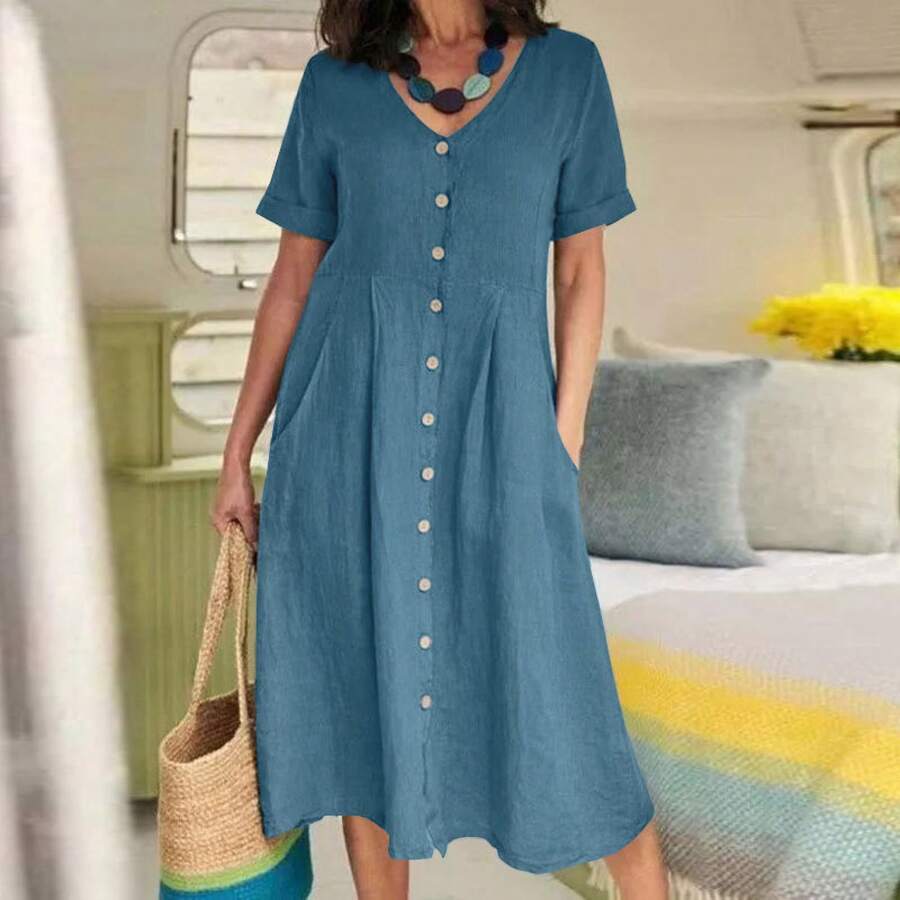 2026 Spring/Summer New European And American Style Solid Color Loose High-Waisted Cotton-Linen Dress - Peacock Blue - View 1